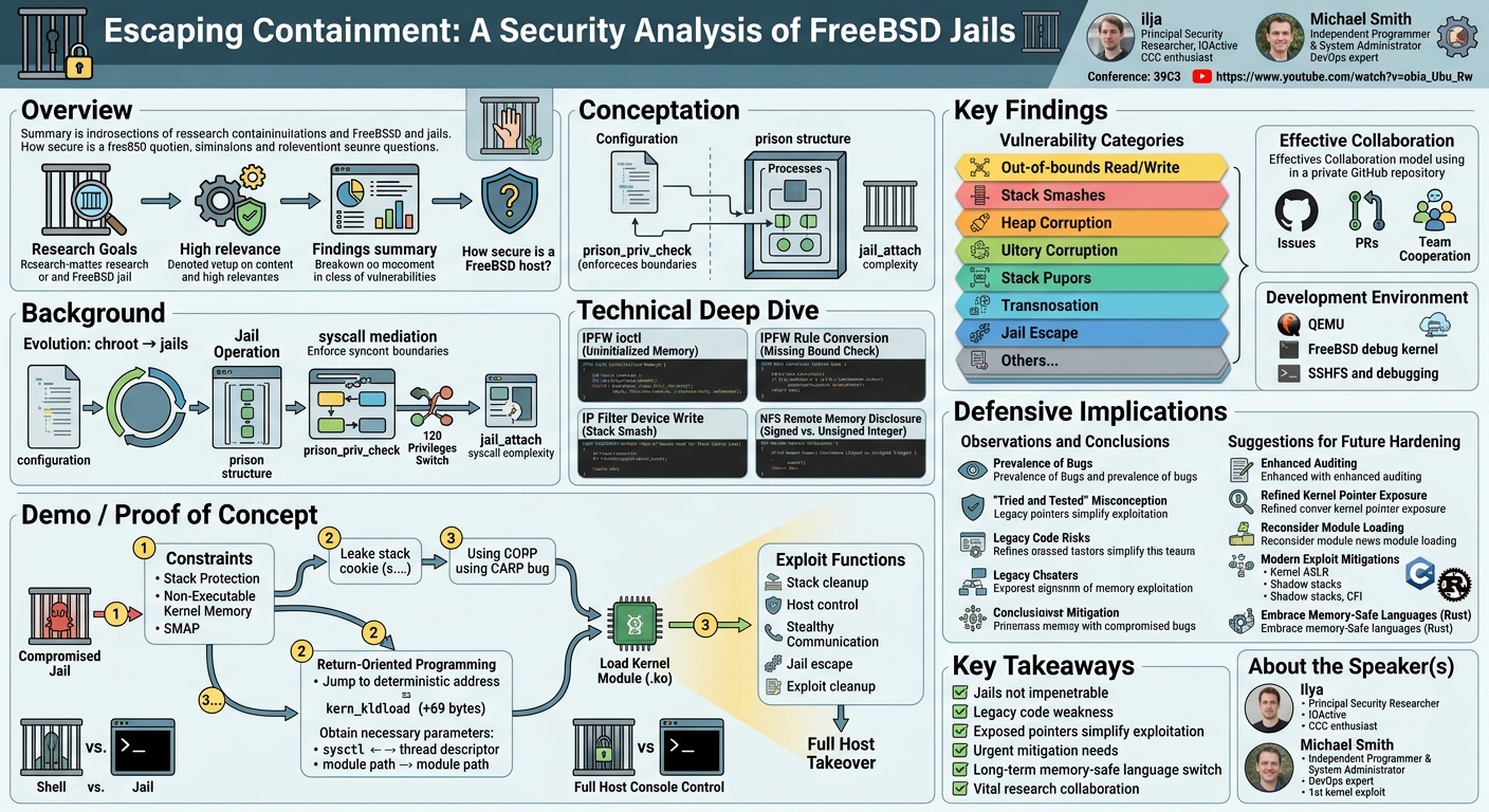 Visual summary for Escaping Containment: A Security Analysis of FreeBSD Jails by ilja, Michael Smith