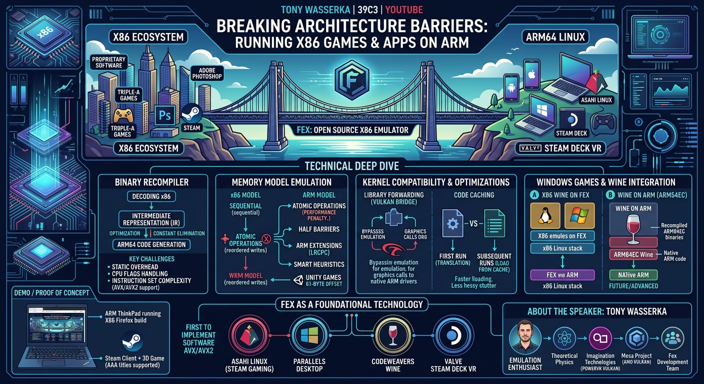 Visual summary for Breaking architecture barriers: Running x86 games and apps on ARM by Tony Wasserka