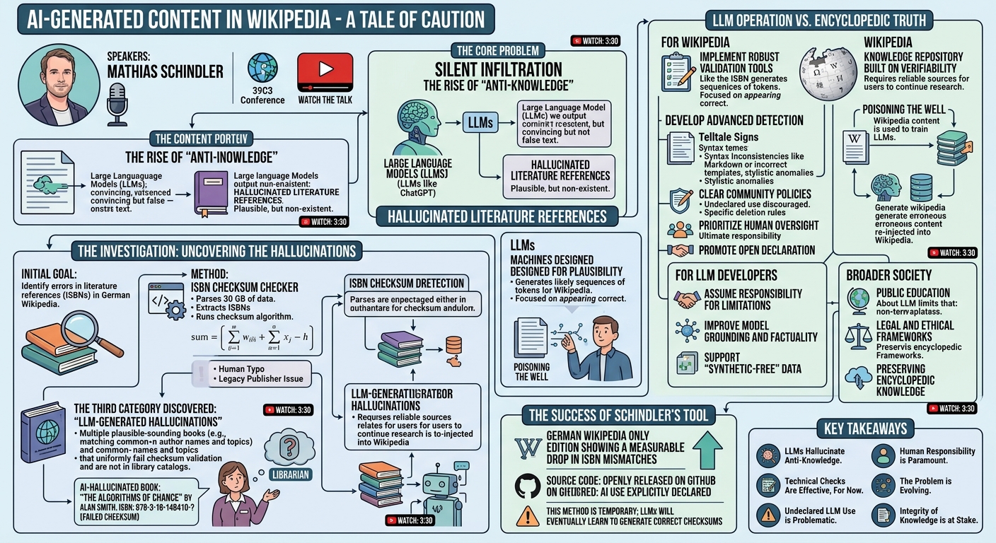 Visual summary for AI-generated content in Wikipedia - a tale of caution by Mathias Schindler