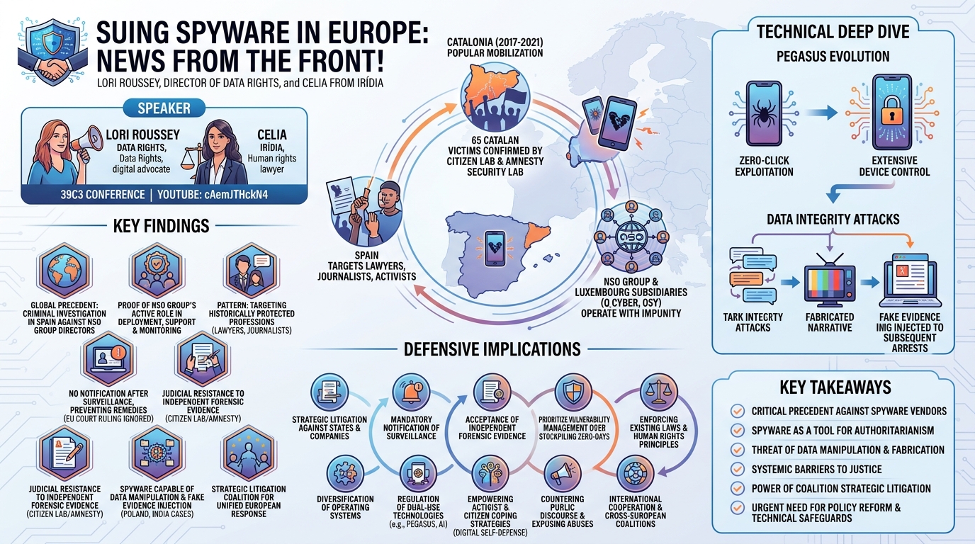 Visual summary for Suing spyware in Europe: news from the front! by Lori Roussey, Celia/Irídia