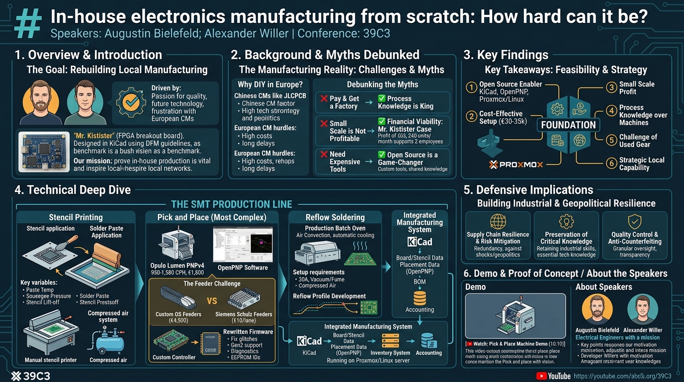 Visual summary for In-house electronics manufacturing from scratch: How hard can it be? by Augustin Bielefeld, Alexander Willer