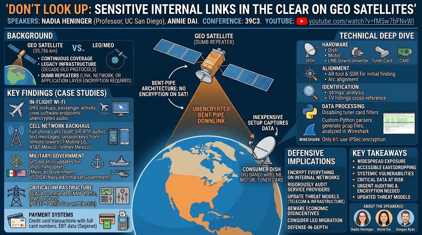 Visual summary for Don’t look up: There are sensitive internal links in the clear on GEO satellites by Nadia Heninger, Annie Dai