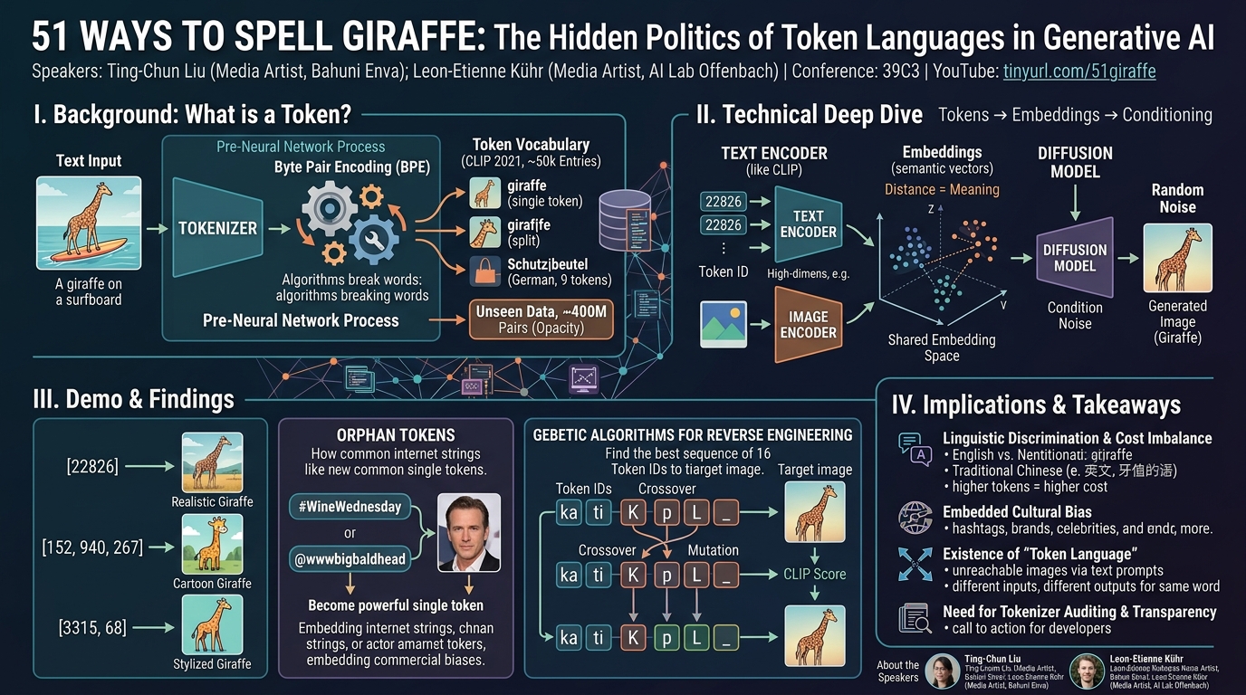 Visual summary for 51 Ways to Spell the Image Giraffe: The Hidden Politics of Token Languages in Generative AI by Ting-Chun Liu, Leon-Etienne Kühr