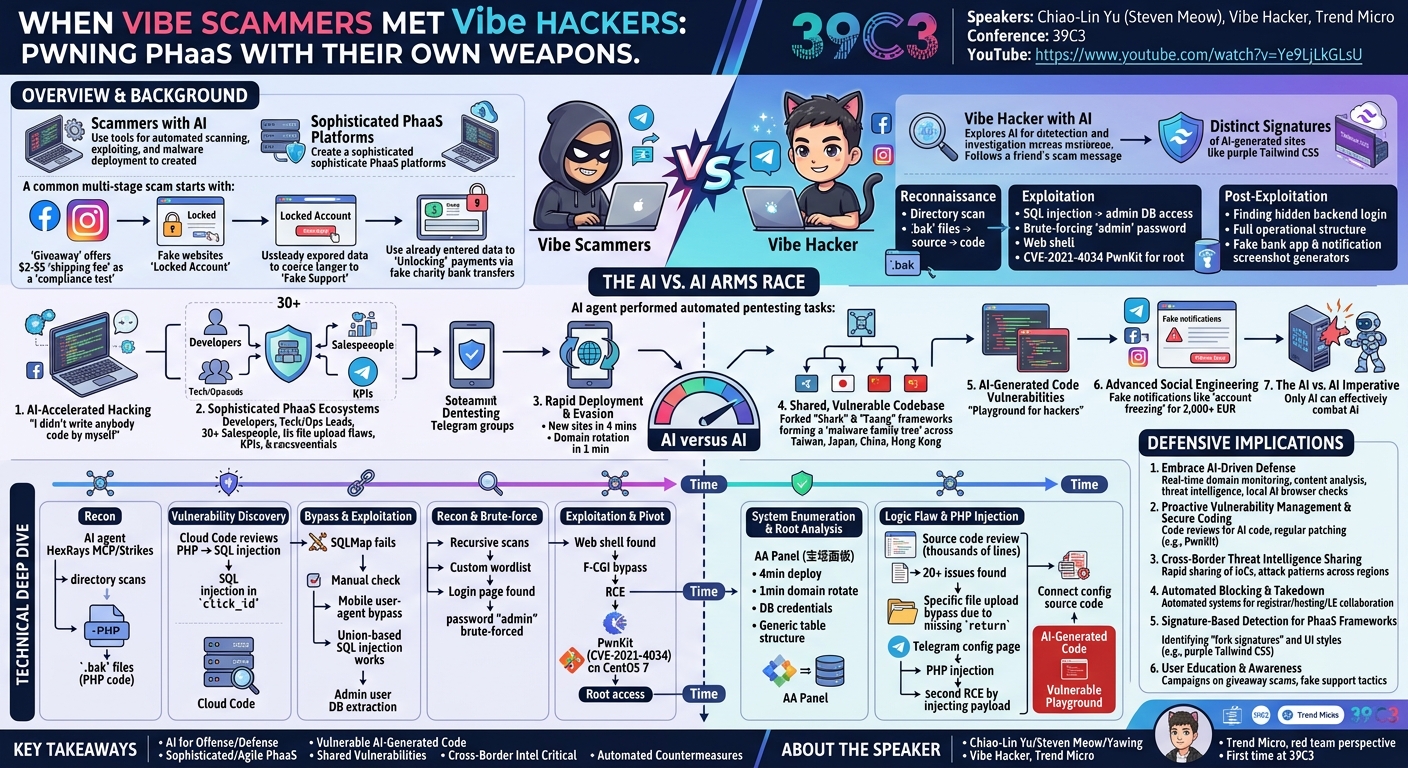 Visual summary for When Vibe Scammers Met Vibe Hackers: Pwning PhaaS with Their Own Weapons by Chiao-Lin Yu (Steven Meow)