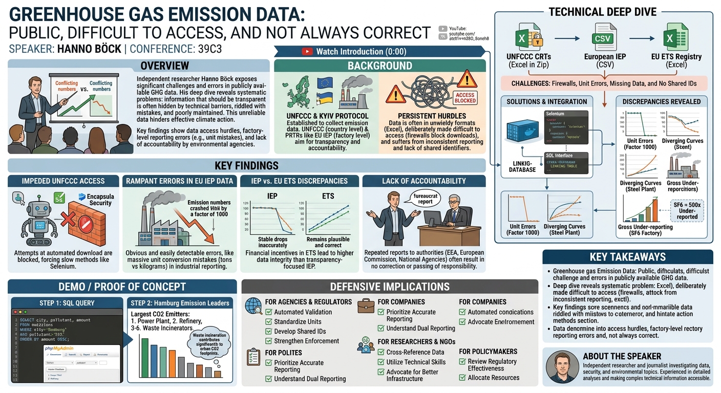 Visual summary for Greenhouse Gas Emission Data: Public, difficult to access, and not always correct by Hanno Böck