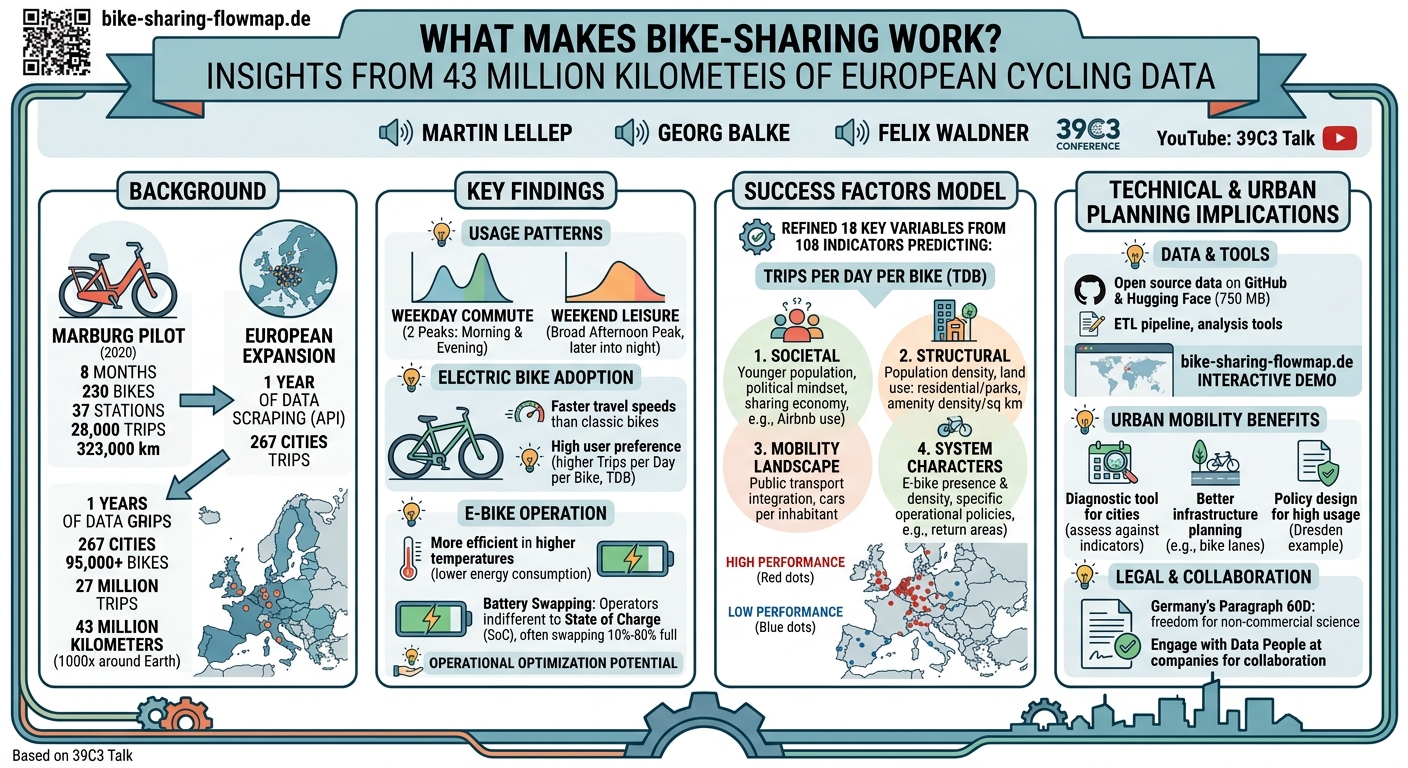 Visual summary for What Makes Bike-Sharing Work?: Insights from 43 Million Kilometers of European Cycling Data by Martin Lellep, Georg Balke, Felix Waldner