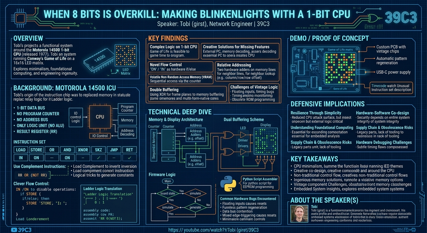 Visual summary for When 8 Bits is Overkill: Making Blinkenlights with a 1-bit CPU by girst (Tobi)