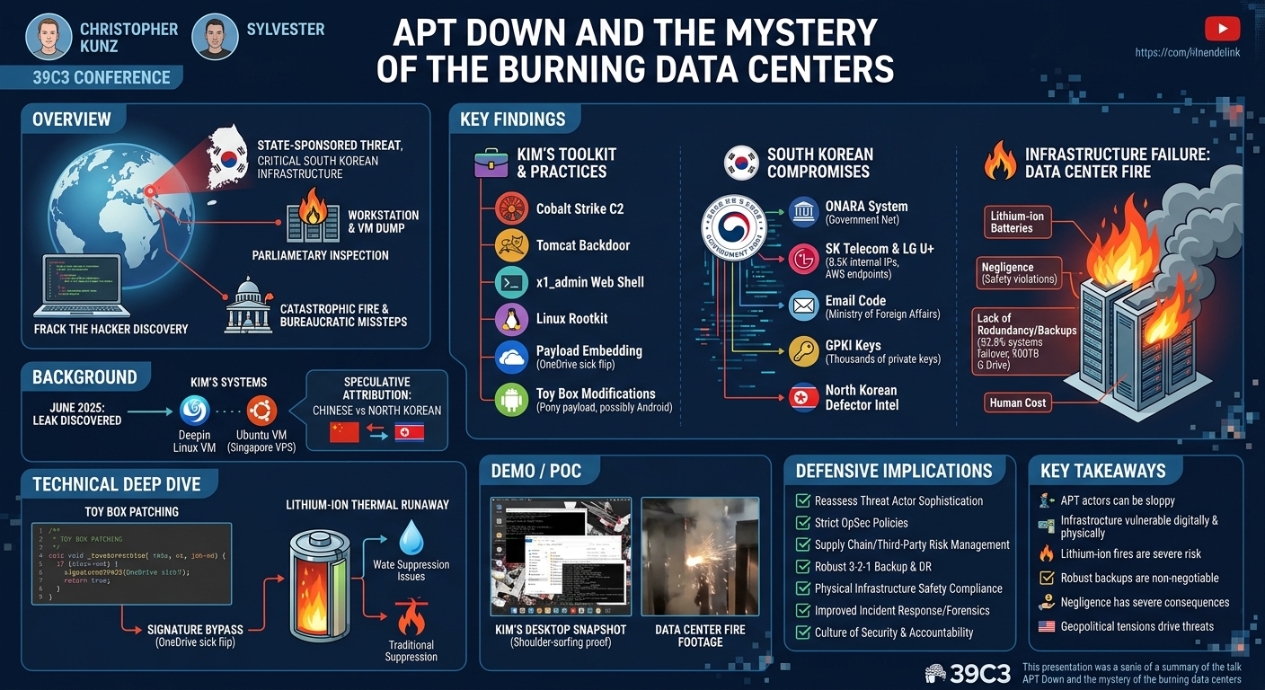 Visual summary for APT Down and the mystery of the burning data centers by Christopher Kunz, Sylvester