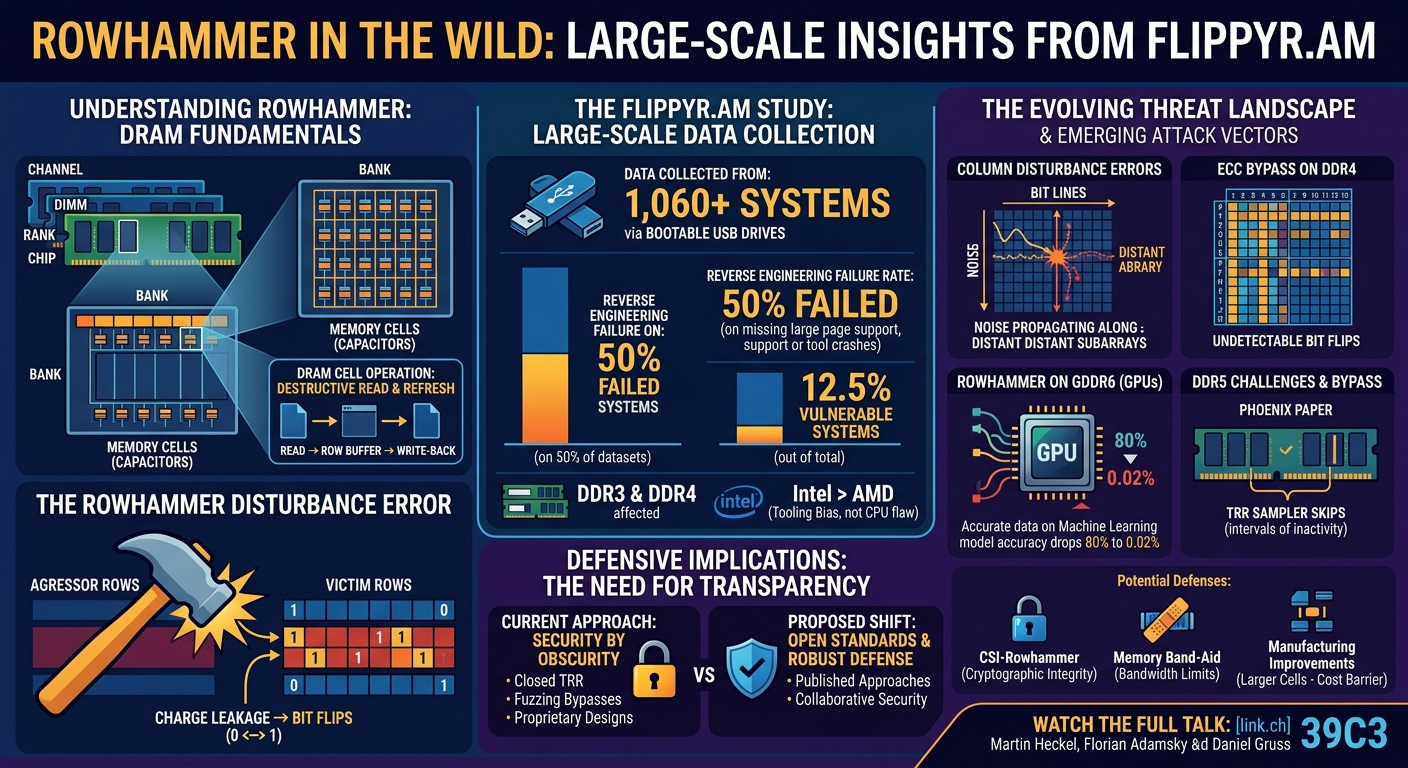 Visual summary for Rowhammer in the Wild: Large-Scale Insights from FlippyR.AM by Martin Heckel, Florian Adamsky, Daniel Gruss