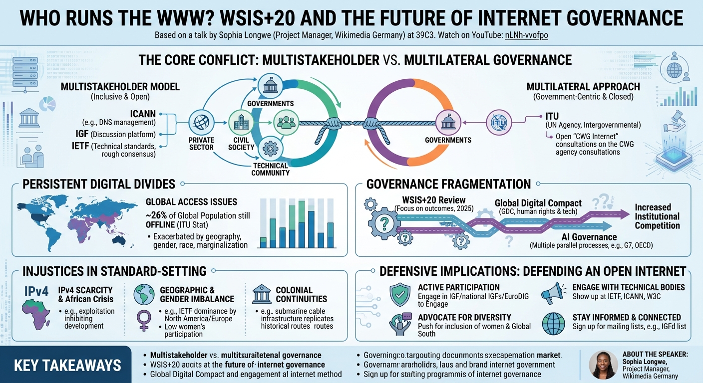 Visual summary for Who runs the www? WSIS+20 and the future of Internet governance by Sophia Longwe
