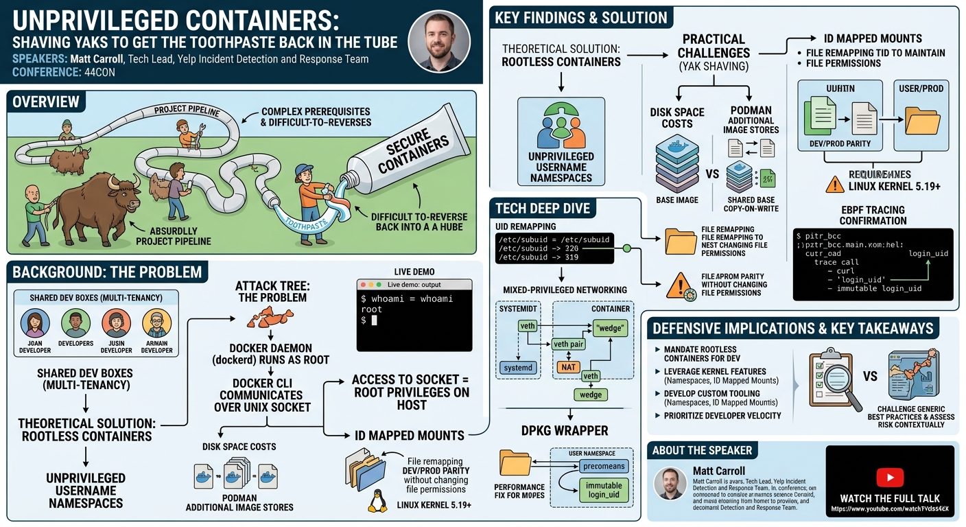 Visual summary for Unprivileged Containers: Shaving Yaks To Get the Toothpaste Back In the Tube by Matt Carroll