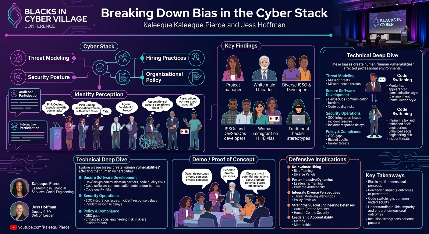 Visual summary for Breaking Down Bias in the Cyber Stack by Kaleeque Pierce, Jess Hoffman