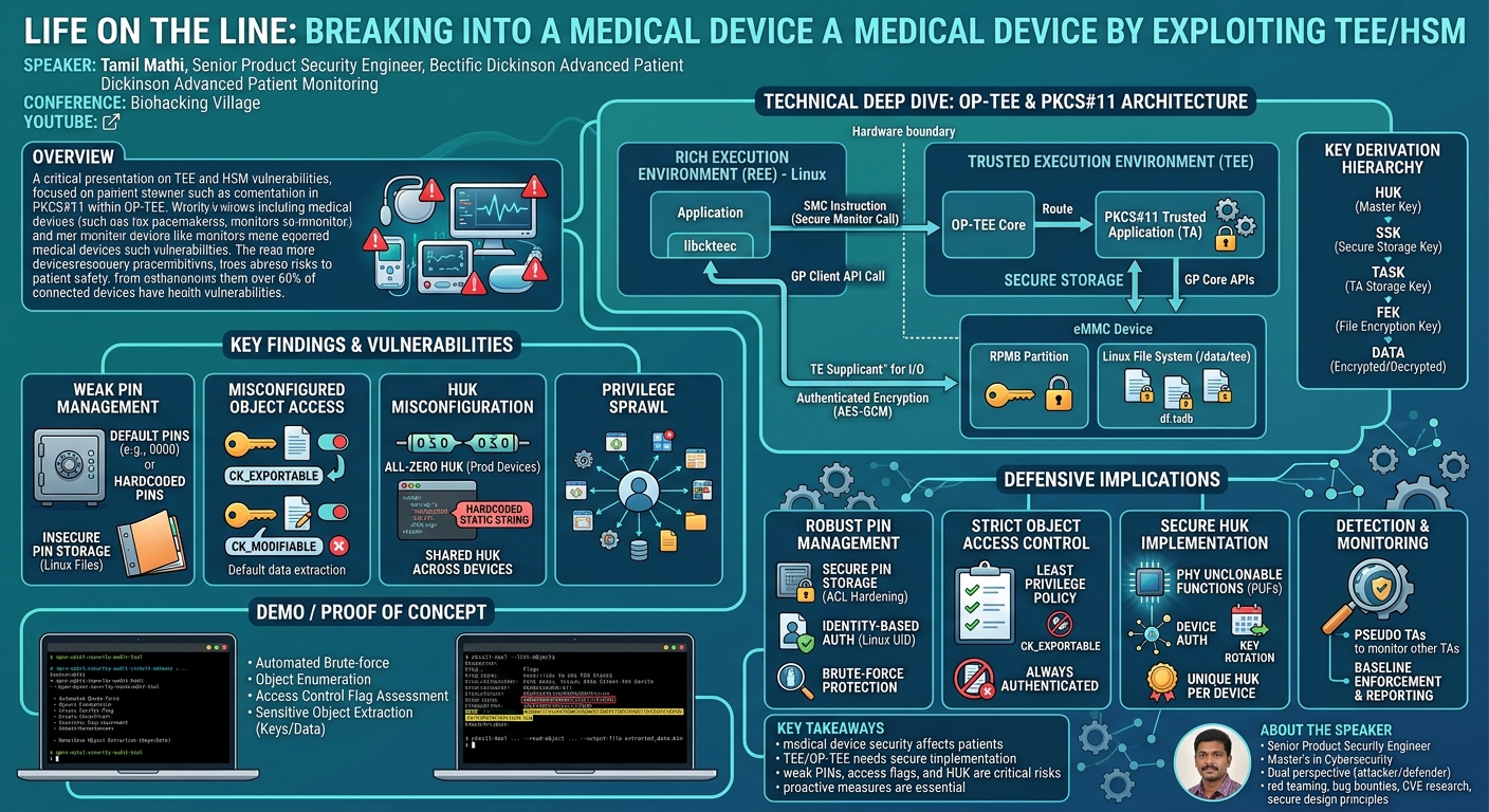 Visual summary for Life on the Line: Breaking into a Medical Device by Exploiting TEE/HSM by Tamil Mathi