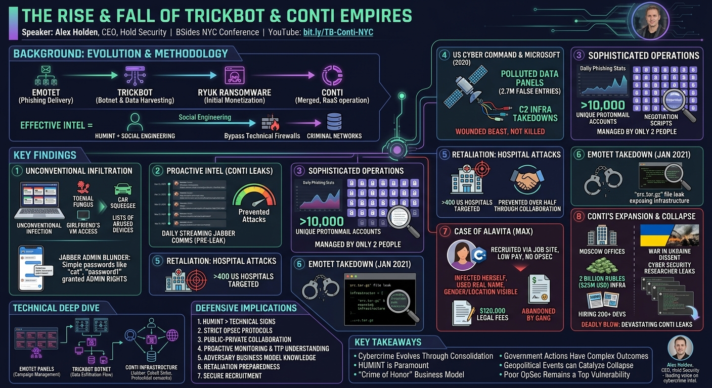 Visual summary for The Rise and Fall of the Trickbot and Conti Empires by Alex Holden