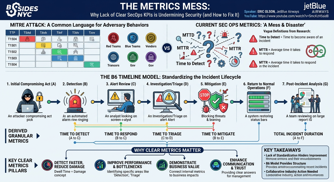 Visual summary for The Metrics Mess: Why the Lack of Clear and Common KPIs is Undermining SecOps (and How We Can Fix It) by Eric Olson
