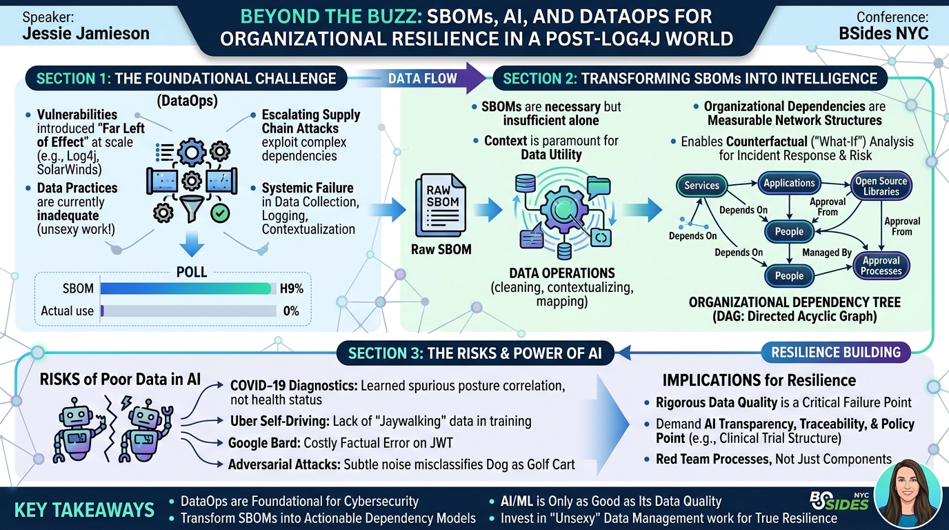 Visual summary for Beyond the Buzz: SBOMs, AI, and DataOps for Organizational Resilience in a Post-Log4j World by Jessie Jamieson