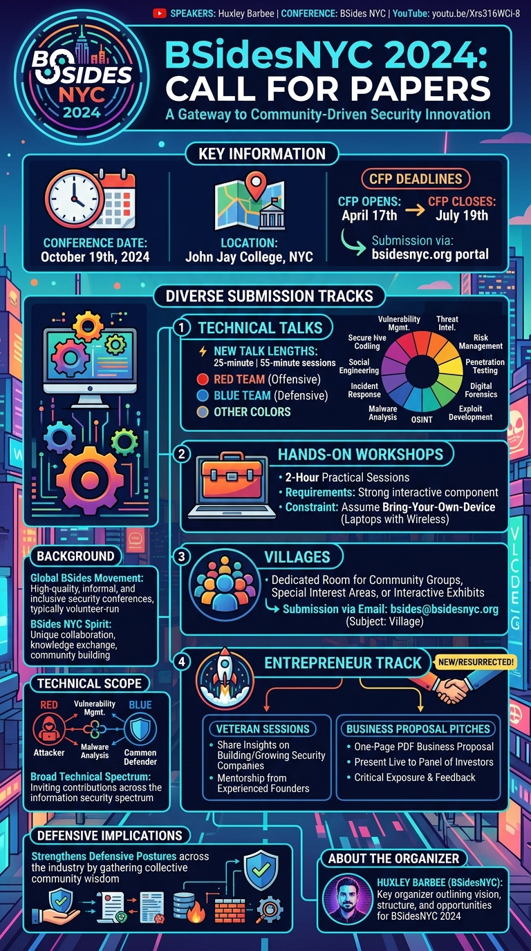 Visual summary for BSidesNYC 0x04 CFP Information by Huxley Barbee