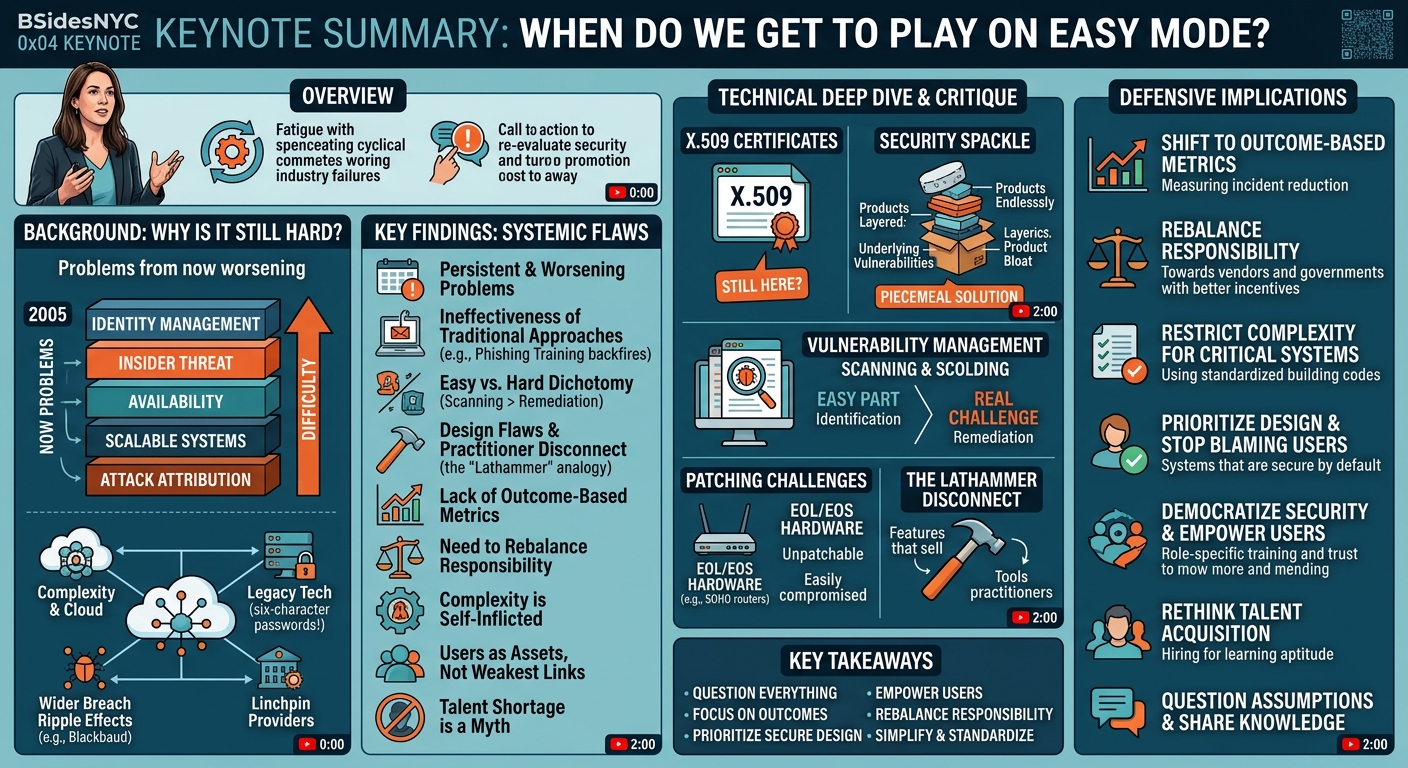 Visual summary for BSidesNYC 0x04 Keynote: When Do We Get to Play On Easy Mode? by Wendy Nather