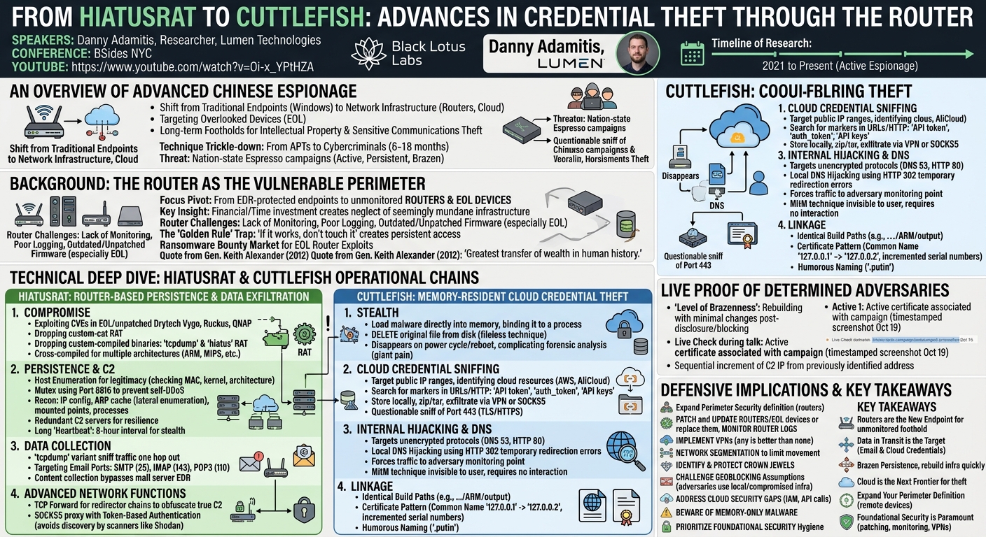 Visual summary for From HiatusRAT to Cuttlefish: advances in credential theft through the router by Danny Adamitis