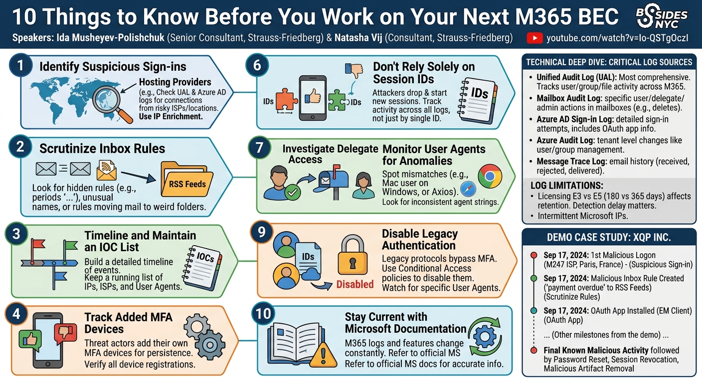 Visual summary for 10 Things to Know Before You Work on Your Next M365 BEC by Ida Musheyev-Polishchuk, Natasha Vij