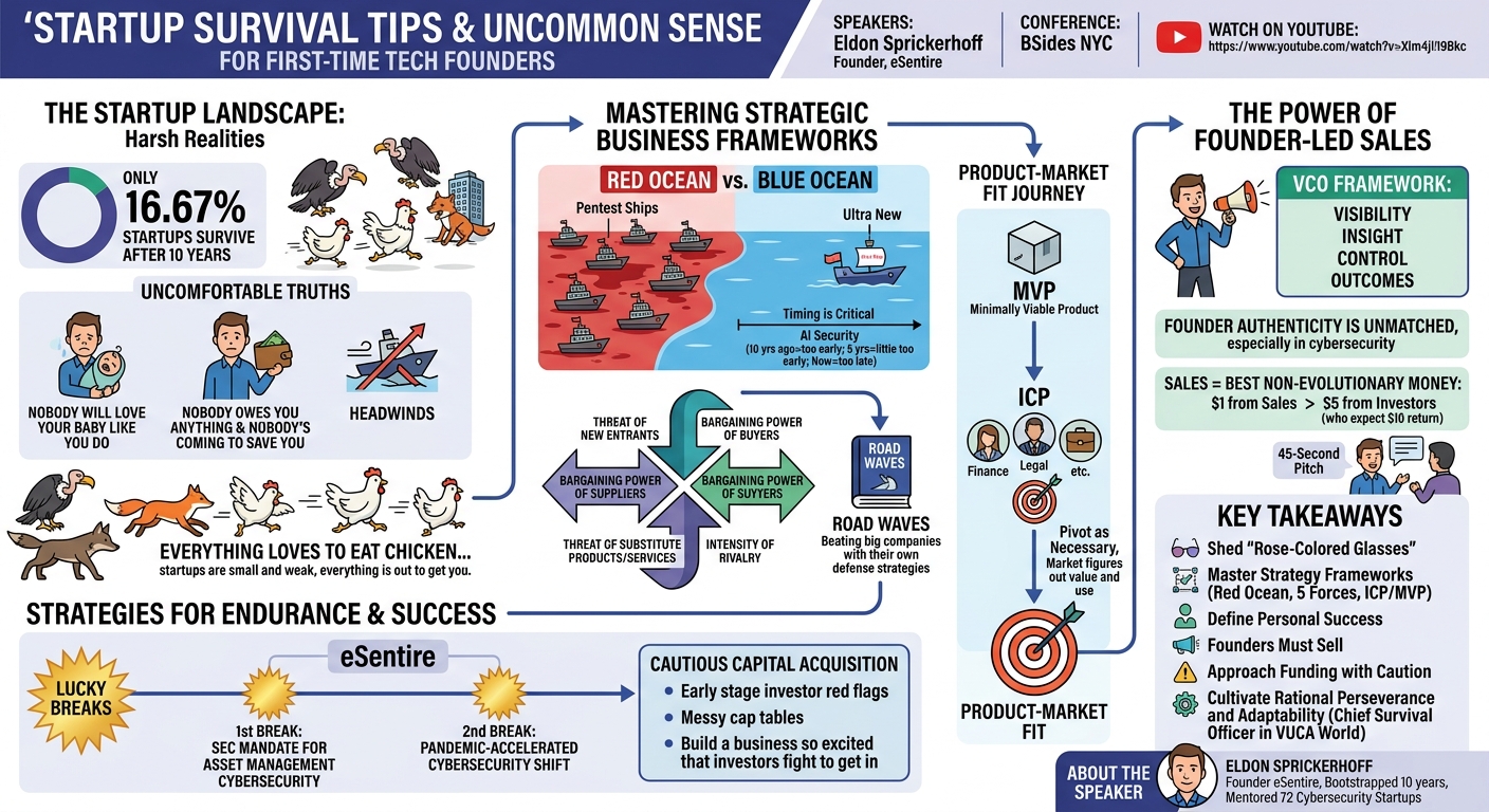 Visual summary for Startup Survival Tips and Uncommon Sense for First-Time Tech Founders by Eldon Sprickerhoff