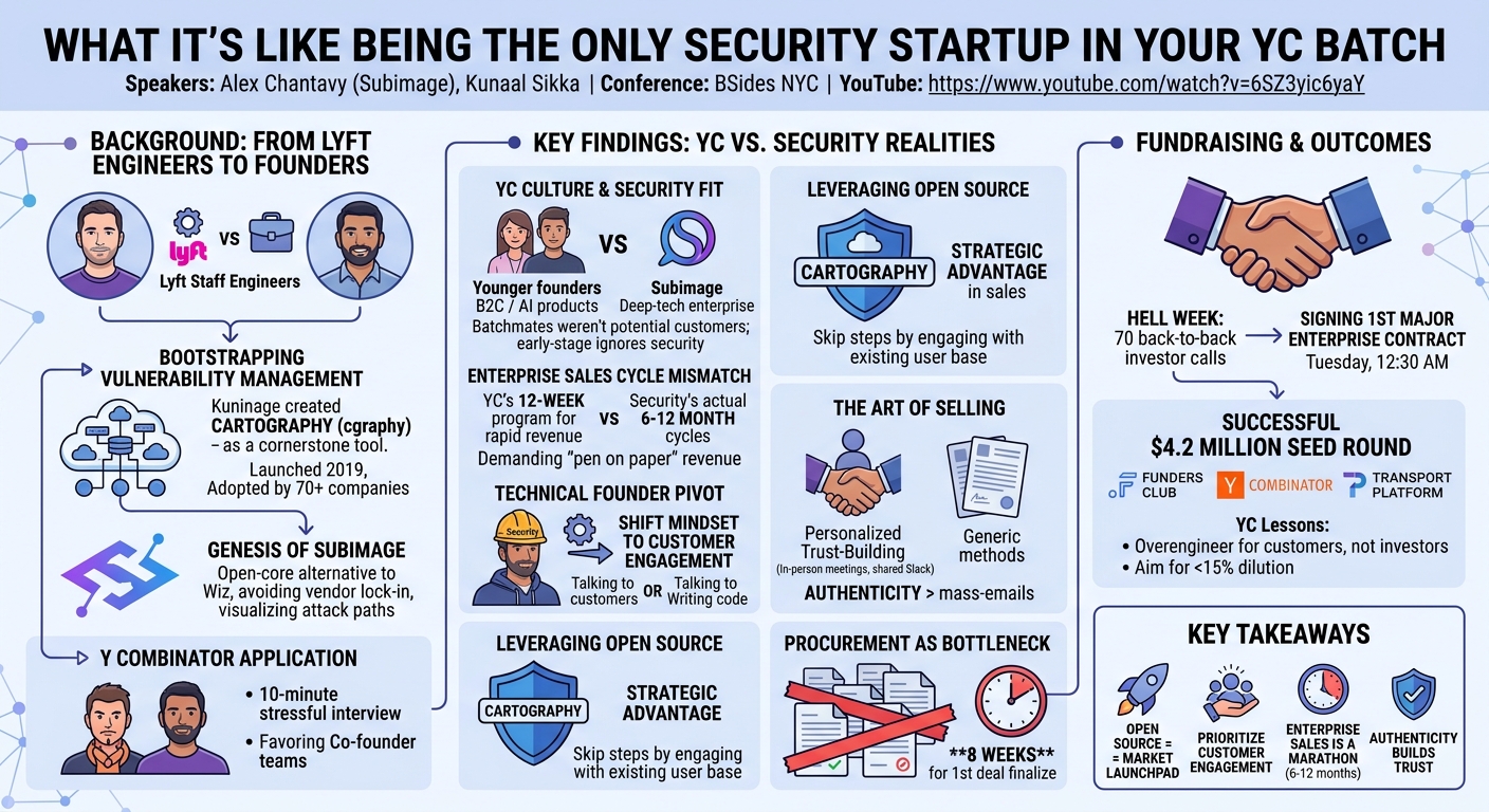 Visual summary for What It's Like Being the Only Security Startup in Your YC Batch by Alex Chantavy, Kunaal Sikka