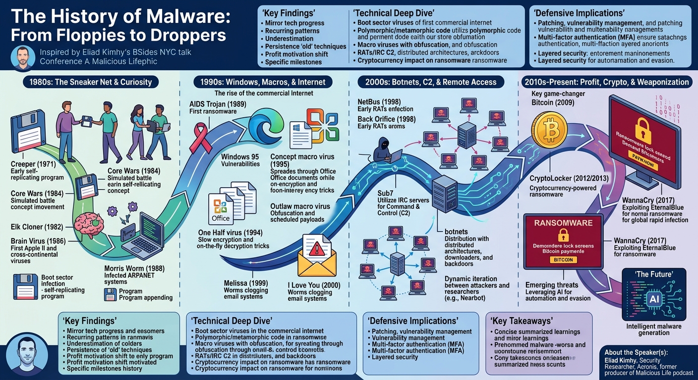 Visual summary for The History of Malware: From Floppies to Droppers by Eliad Kimhy