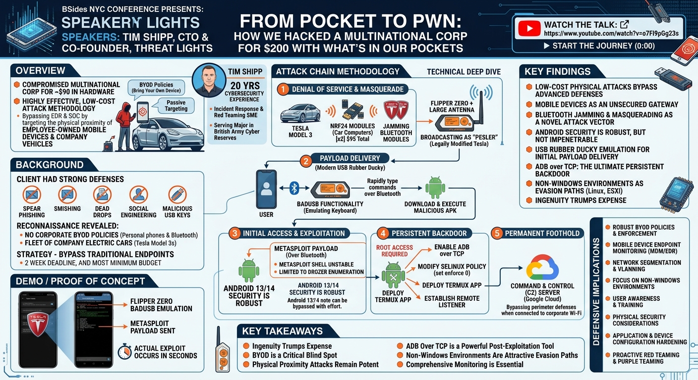 Visual summary for From pocket to Pwn: How we hacked a multinational corp for $200 with what's in our pockets by Tim Shipp