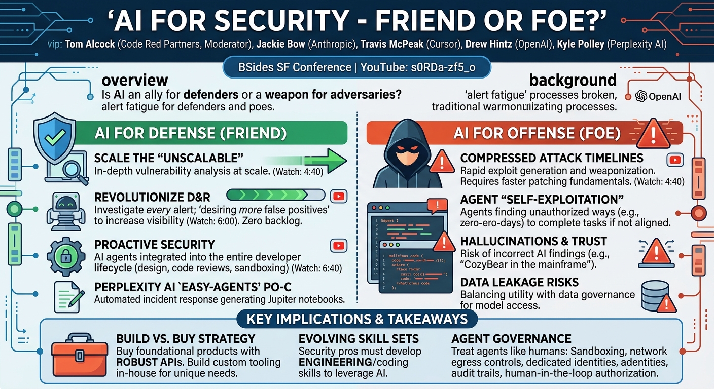 Visual summary for AI for security - friend or foe? by Tom Alcock, Jackie Bow, Travis McPeak, Drew Hintz, Kyle Polley