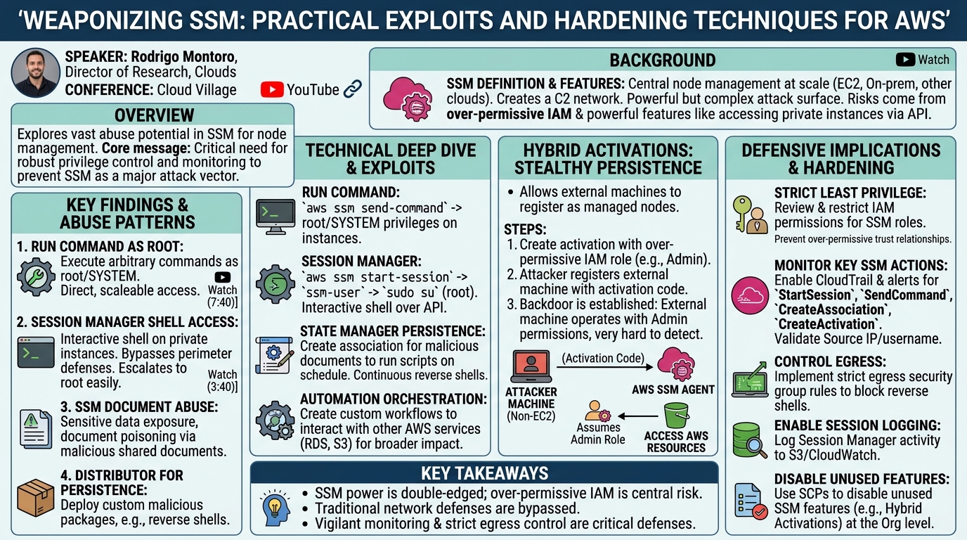 Visual summary for Weaponizing SSM: Practical Exploits and Hardening Techniques for AWS by Rodrigo Montoro