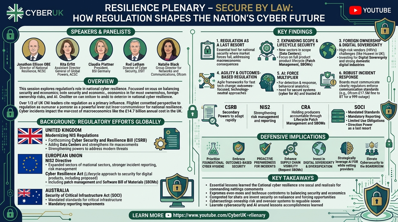 Visual summary for Resilience Plenary - Secure By Law: How Regulation Shapes The Nation's Cyber Future by Jonathon Ellison OBE