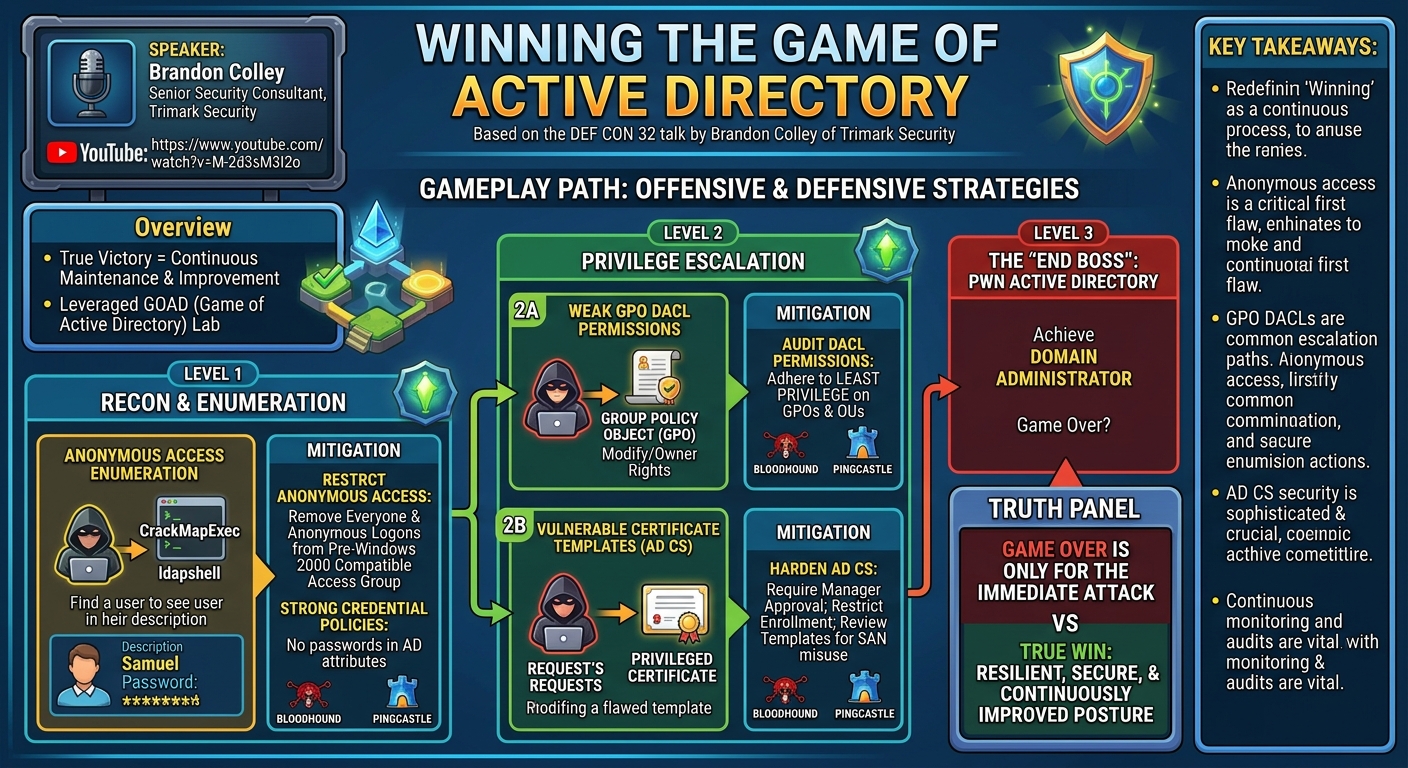 Visual summary for Winning the Game of Active Directory by Brandon Colley
