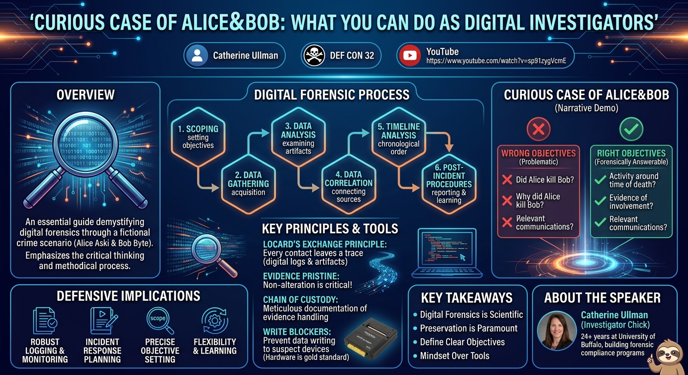 Visual summary for Curious Case of Alice&Bob: What You Can Do as Digital Investigators by Catherine Ullman