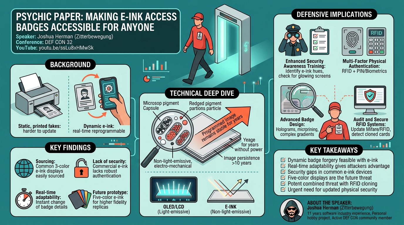 Visual summary for Psychic Paper: Making eink access badges accessible for anyone by Joshua Herman