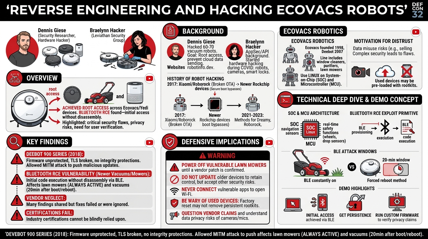 Visual summary for Reverse engineering and hacking Ecovacs robots by Dennis Giese, Braelynn Hacker