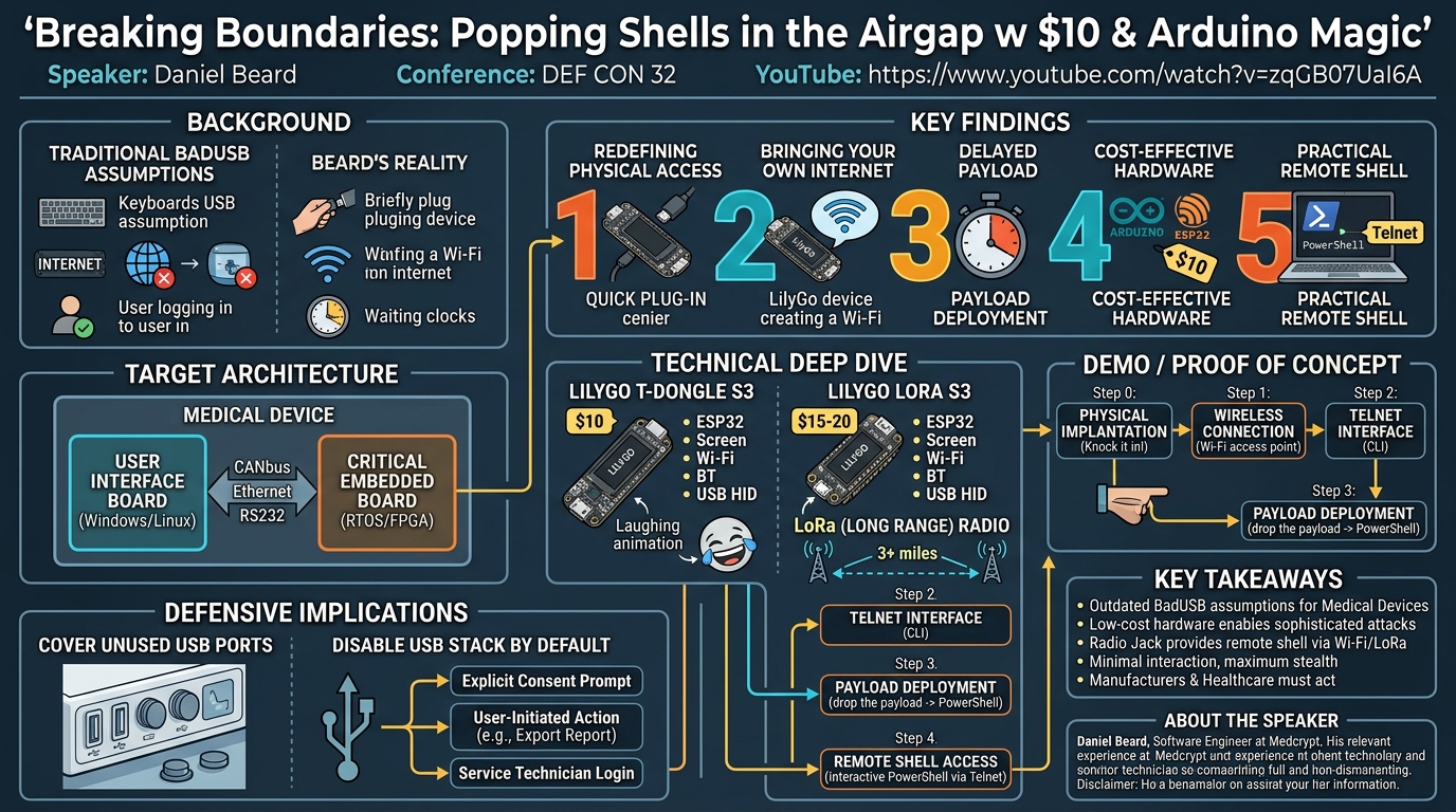 Visual summary for Breaking Boundaries: Popping Shells in the Airgap w $10 & Arduino Magic by Daniel Beard