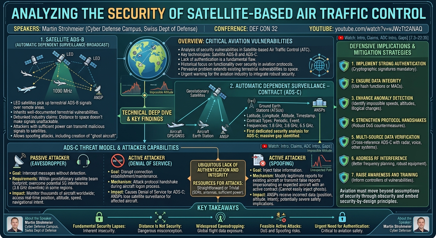 Visual summary for Analyzing the Security of Satellite Based Air Traffic Control by Martin Strohmeier