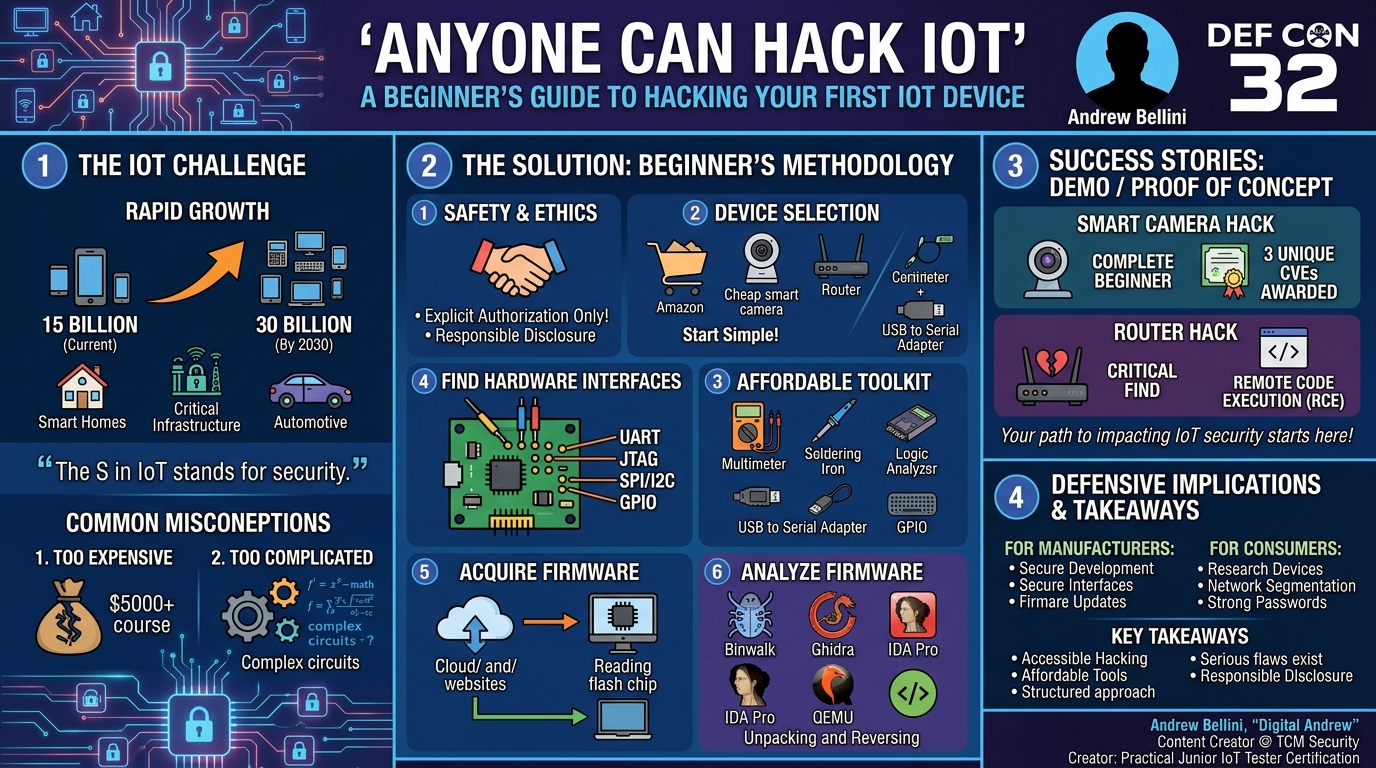 Visual summary for Anyone can hack IoT- Beginner’s Guide to Hacking Your First IoT Device by Andrew Bellini