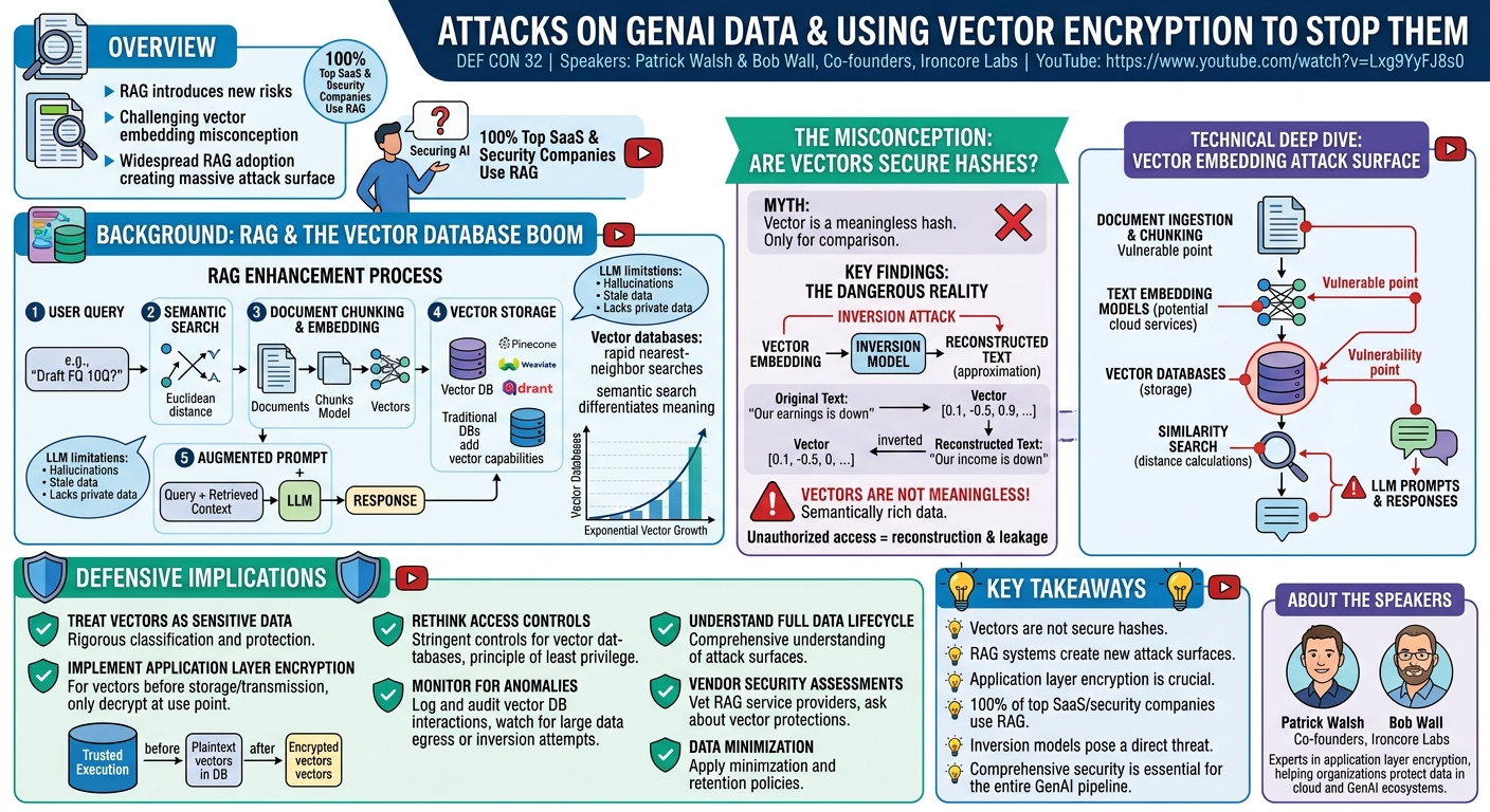 Visual summary for Attacks on GenAI data & using vector encryption to stop them by Patrick Walsh, Bob Wall