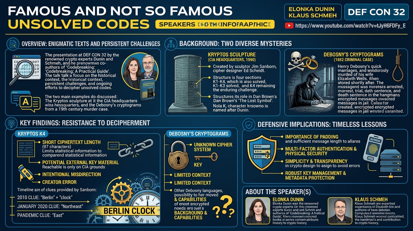 Visual summary for Famous and Not So Famous Unsolved Codes by Elonka Dunin, Klaus