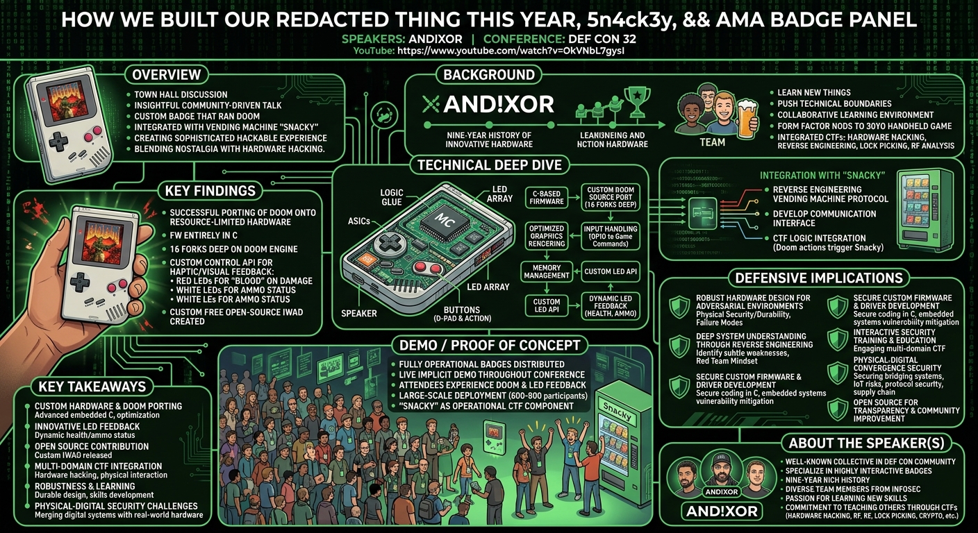 Visual summary for How we built our REDACTED THING this year, 5n4ck3y, && AMA Badge Panel by AND!XOR
