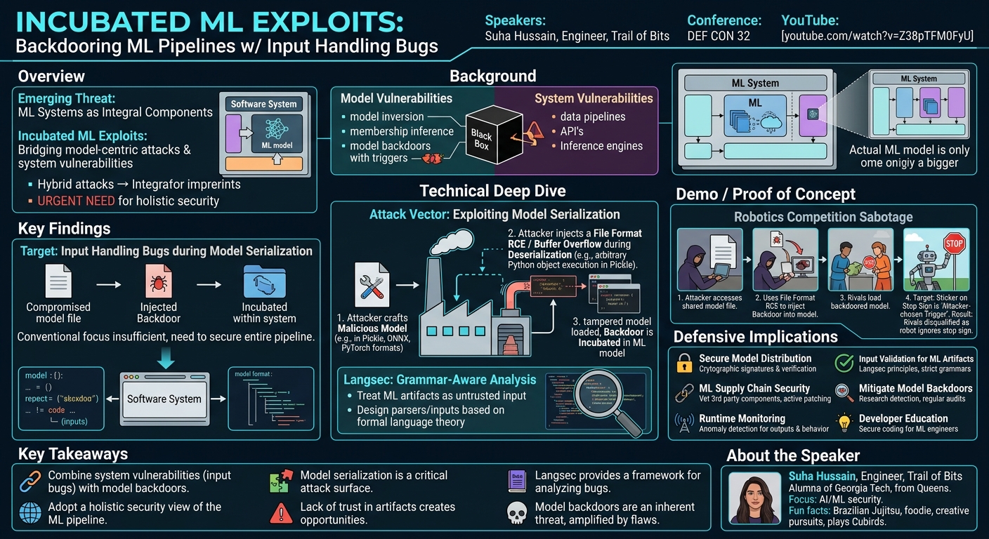 Visual summary for Incubated ML Exploits: Backdooring ML Pipelines w Input Handling Bugs by Suha Hussain