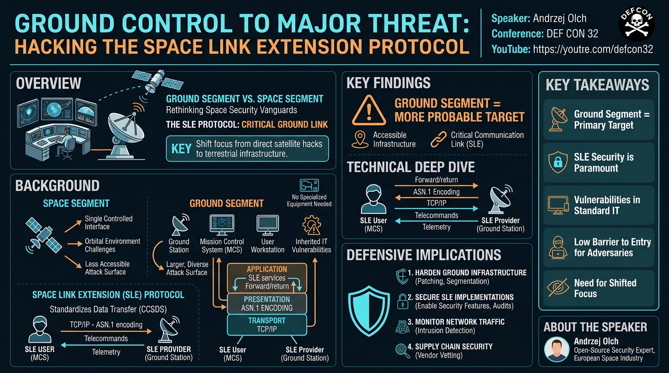 Visual summary for Ground Control to Major Threat Hacking the Space Link Extension Protocol by Andrzej Olch
