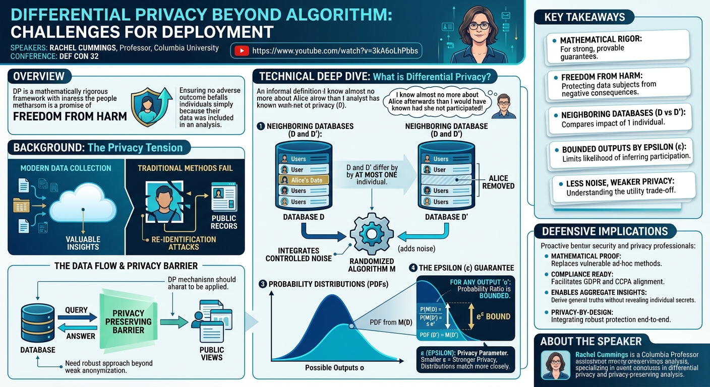 Visual summary for Differential privacy beyond algorithm: Challenges for deployment by Rachel Cummings