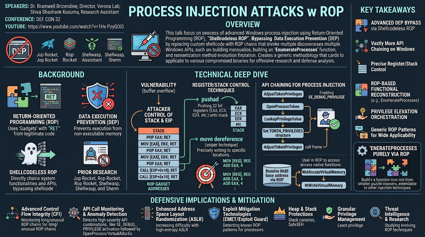 Visual summary for Process Injection Attacks w ROP by Bramwell Brizendine, Shiva Shashank Kusuma