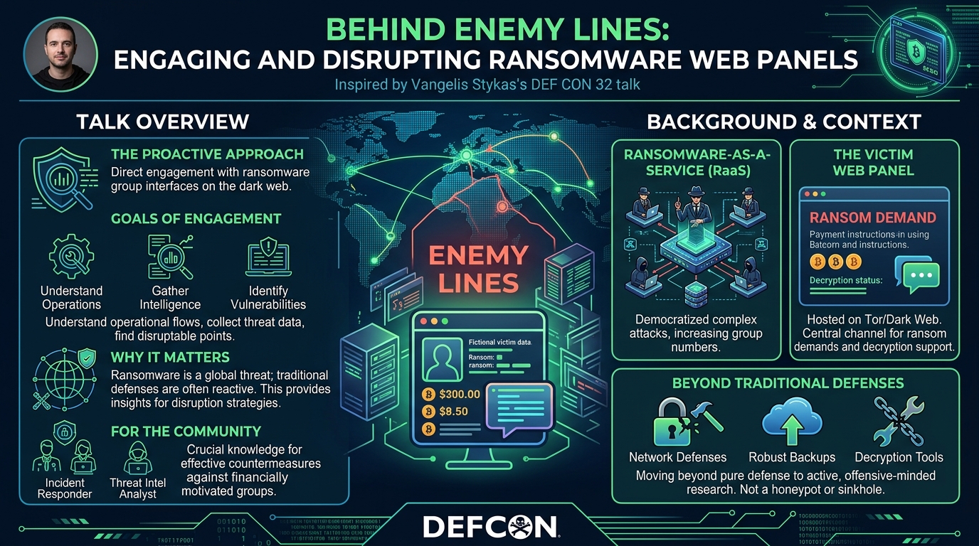 Visual summary for Behind Enemy Lines: Engaging and Disrupting Ransomware Web Panel by Vangelis Stykas