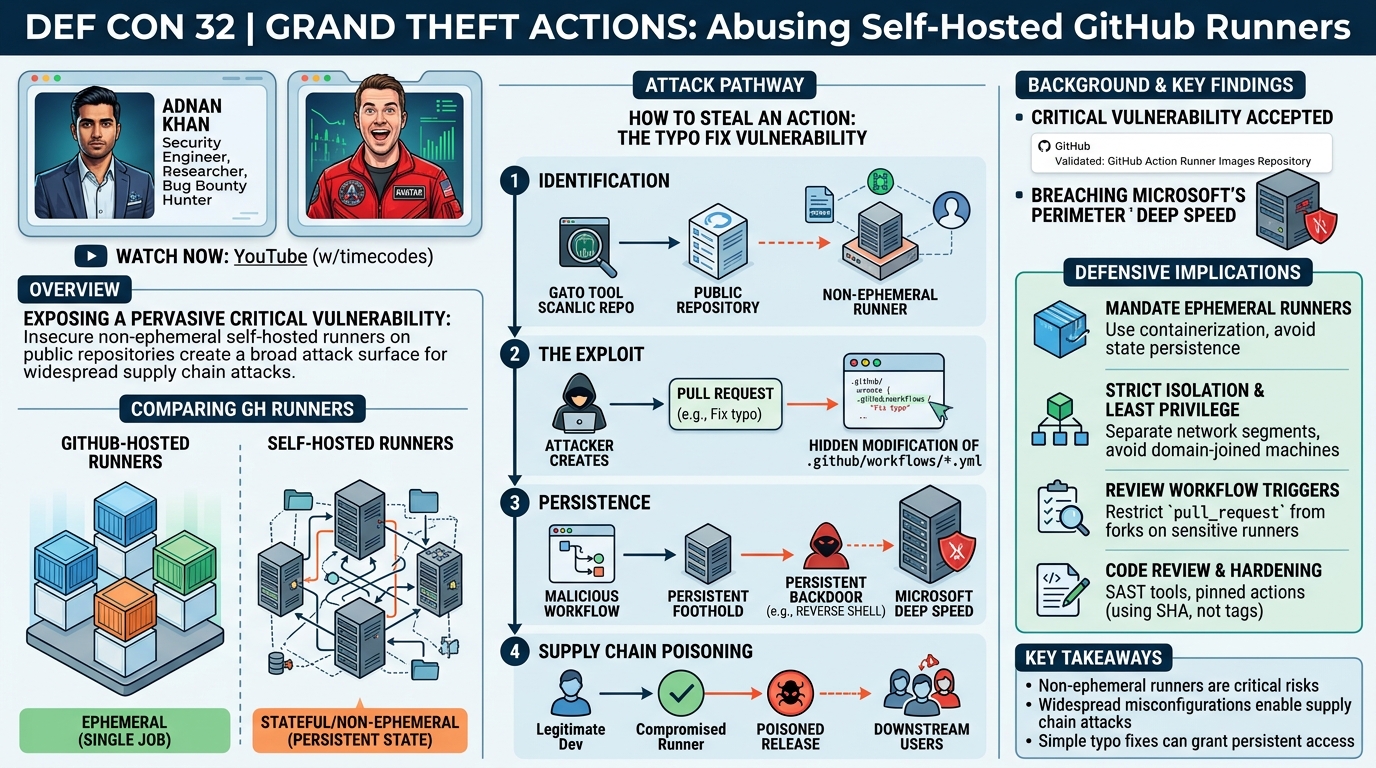 Visual summary for Grand Theft Actions Abusing Self Hosted GitHub Runners by Adnan Khan, John Stawinski