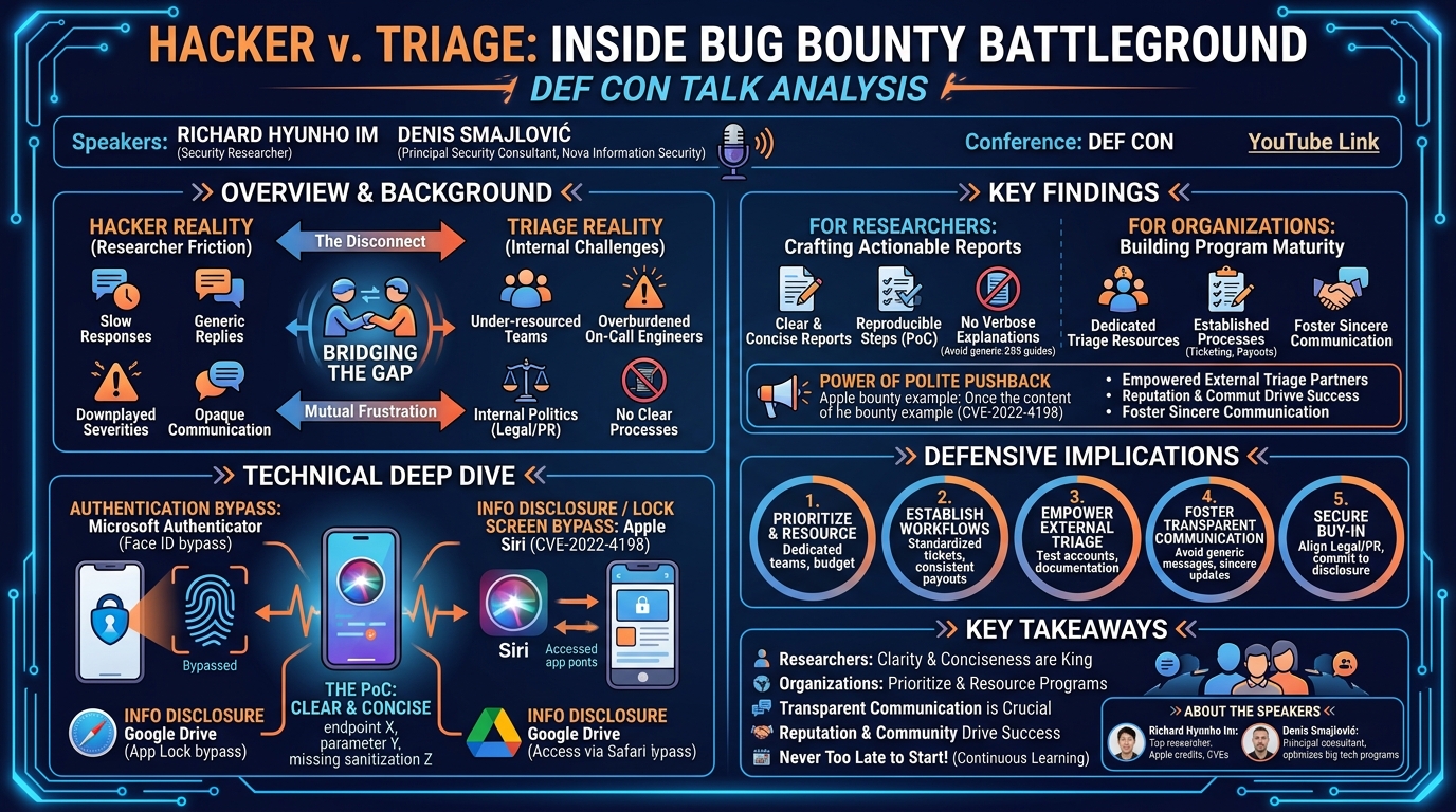 Visual summary for Hacker v. Triage - Inside Bug Bounty Battleground by Richard Hyunho Im, Denis Smajlović