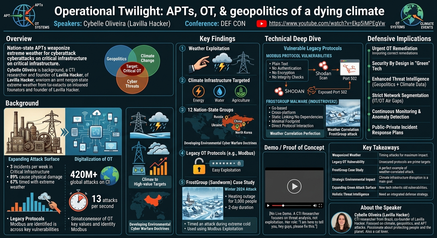 Visual summary for Operational Twilight: APTs, OT, & geopolitics of a dying climate by Cybelle Oliveira