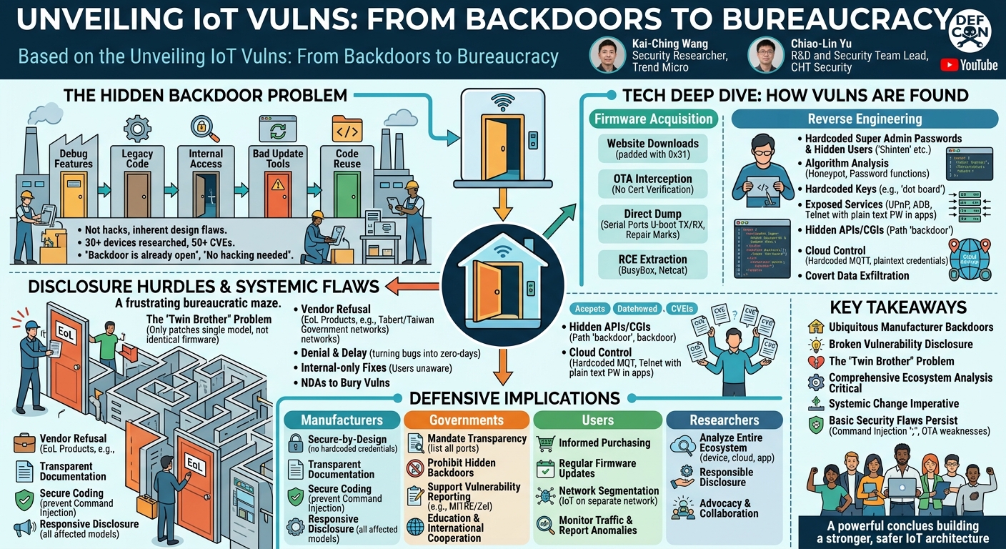 Visual summary for Unveiling IoT Vulns: From Backdoors to Bureaucracy by Kai-Ching Wang, Chiao-Lin Yu